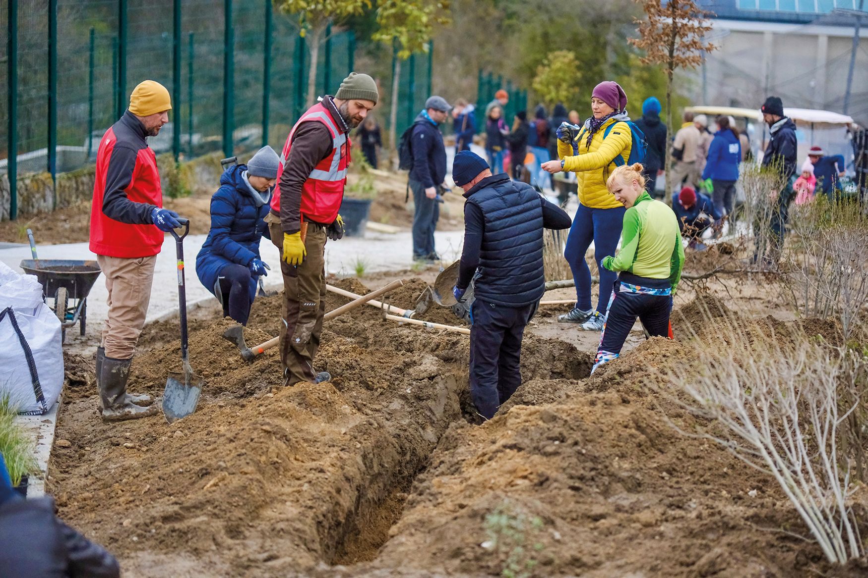 Dobrovoľníčky a dobrovoľníci v areáli ZOO Bratislavy vykopávajú zeminu a pripravujú pôdu na sadenie.
