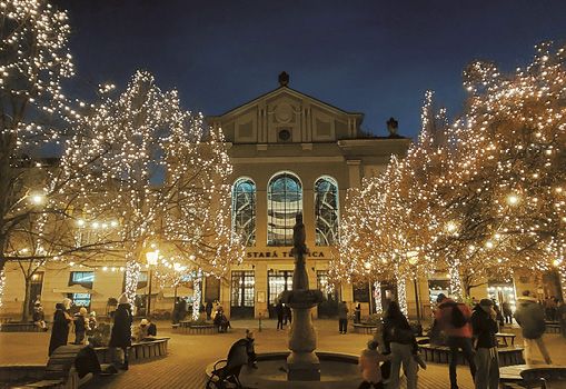 Nočný pohľad na Starú tržnicu, v popredí vysvietené stromy na Námestí Nežnej revolúcie.