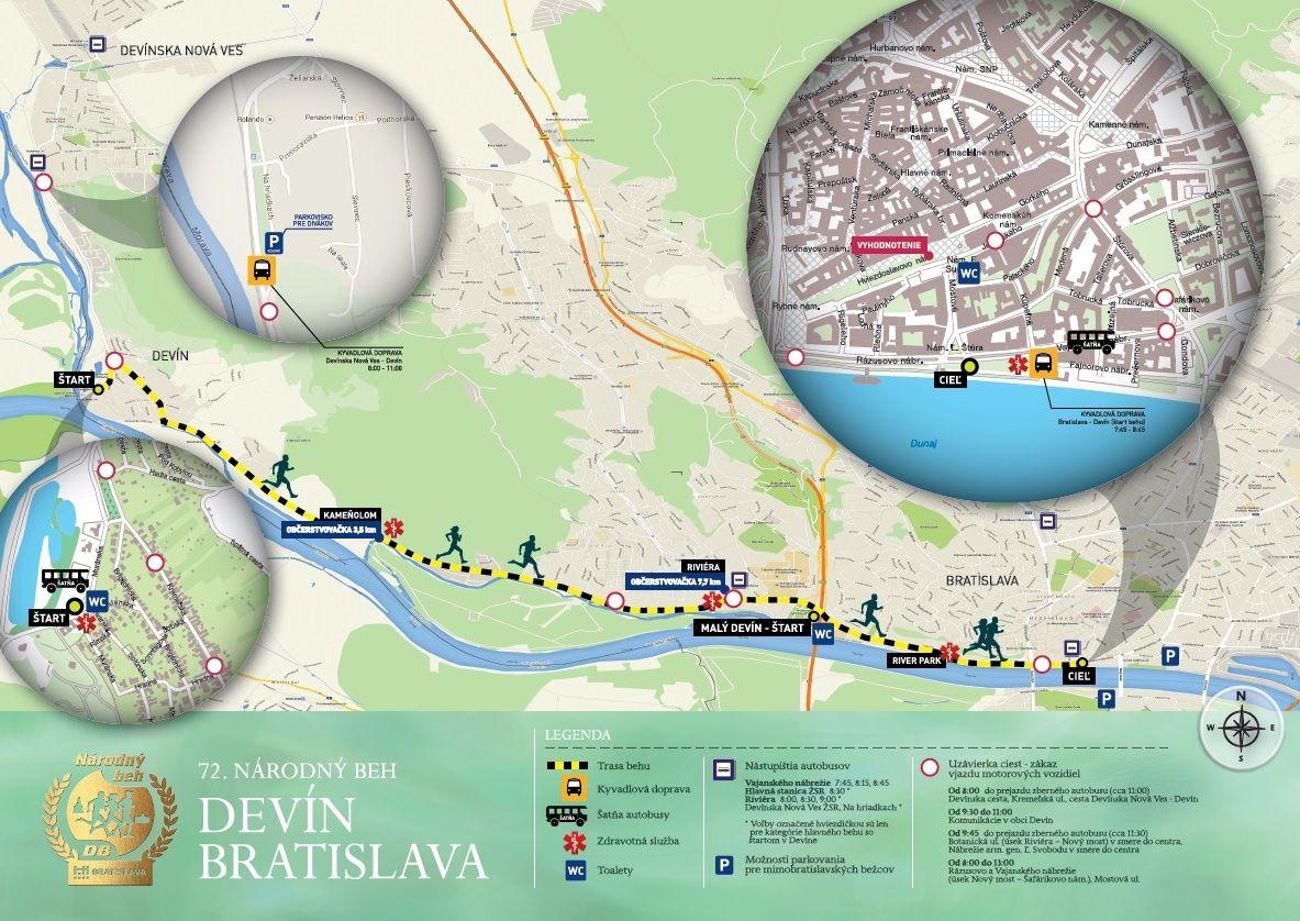 mapa trasy národného behu medzi Bratislavou a Devínom